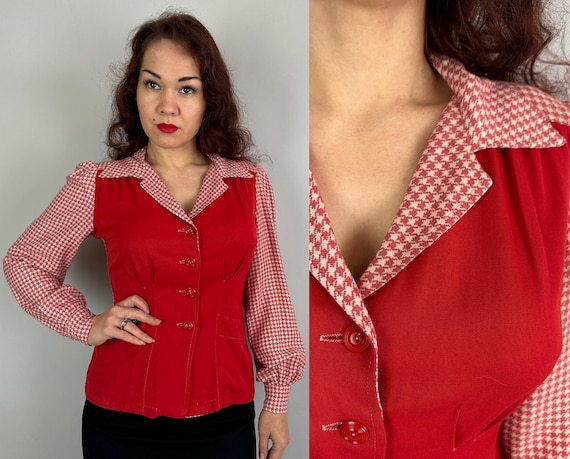 1940s Houndstooth Heroine Blouse | Vintage 40s Red Cotton Gabardine and Pink & White Check Block Button Up Shirt with Pockets | Small Medium