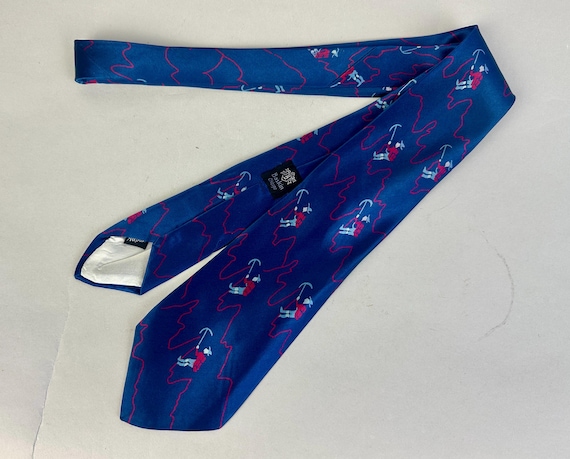 1940s Alpine Adventurer Necktie | Vintage 40s Hot Pink Admiral and Icy Blue Silk Self Tie Cravat with Novelty Mountain Rock Climber Print