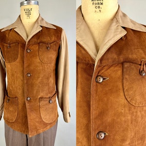 1940s Sporty in Suede Shirt Jac | Vintage 40s Copper Leather and Beige Rayon Gabardine Casual Block Jacket with Patch Button Pockets | Small