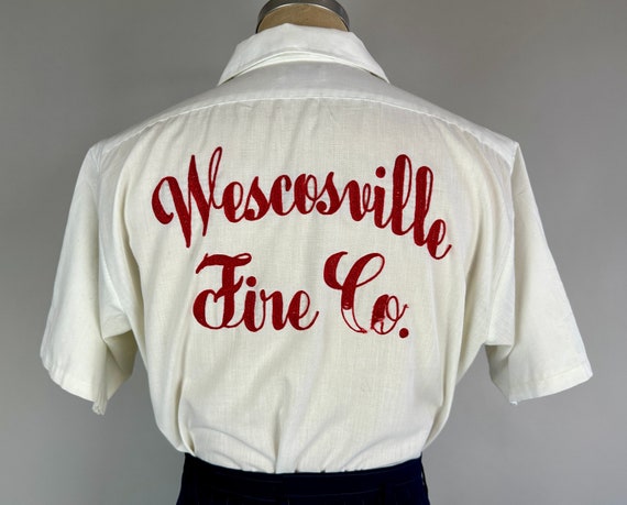 1980s Come on Baby Light My Fire Shirt | Vintage 80s White Cotton Button Down with Red Chain Stitch Embroidery "Wescosville Fire Co" | Large