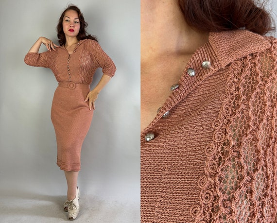 1930s Ravishing Rose Knit Dress | Vintage 30s Two Piece Dusty Pink Sweater Rayon Knitwear Frock with Lacey Stitches & Matching Belt | Large