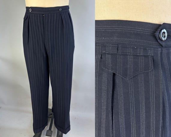 1930s A Pinstripe Life for Me Pants | Vintage 30s Black Mens Pinstriped Wool Trousers with Adjustable Waist Tabs | 36x29 Large