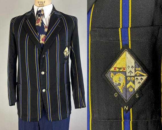 1930s Collegiate Cool Blazer | Vintage 30s Wool University Jacket Sports Coat in Blue Yellow and Black Stripes and Crest | Size 38 Medium