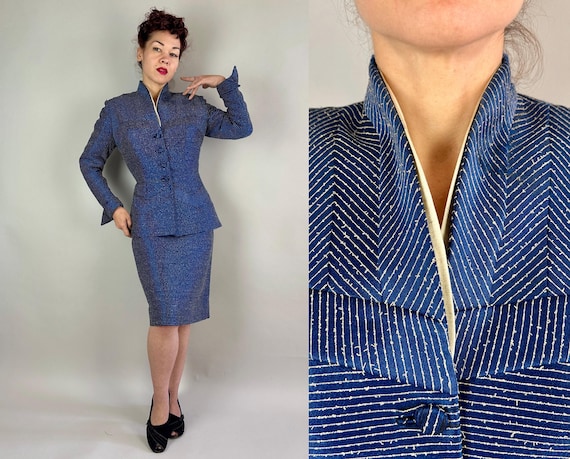 1950s You’re A Jewel “Lilli Ann” Suit | Vintage 50s Sapphire Blue and White Slub Stripe Silk & Mohair Peplum Jacket and Skirt Set | Small