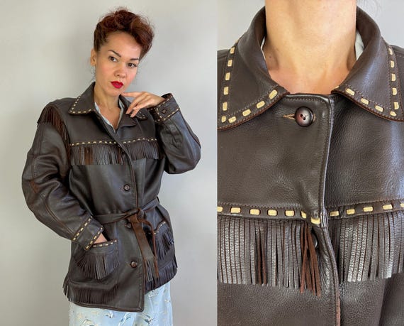 1940s Frida's Fantastic Fringe Jacket | Vintage 40s Dark Brown Deerskin and Ivory Leather 2 Tone Western Coat w/Belt | Large Extra Large XL