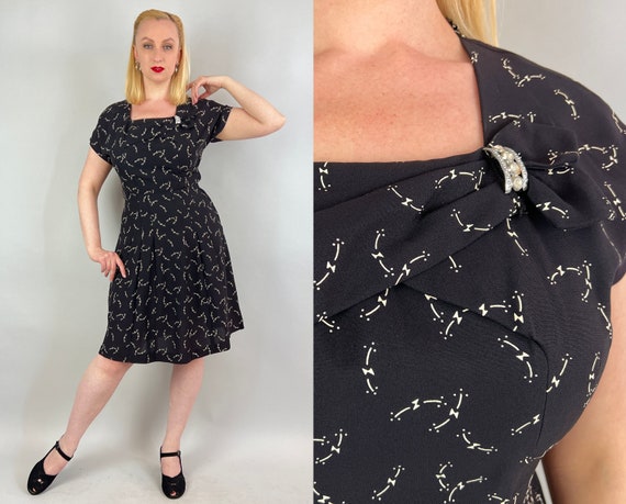 1940s Catherine's Constellation Dress | Vintage 40s Black Rayon Frock with White Astronomy Pattern and Rhinestone Brooch | Large