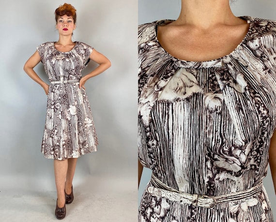 1940s Nature Lover Frock | Vintage 40s Brown and White Wood Grain and Flowers Pattern Rayon Acetate Dress w/Matching Belt | Extra Large XL