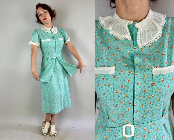 1930s Classic Country Day Dress | Vintage 30s Seafoam Blue Orange + Yellow Floral Puff Sleeve Cotton Frock w/White Lace Trim & Belt | Small