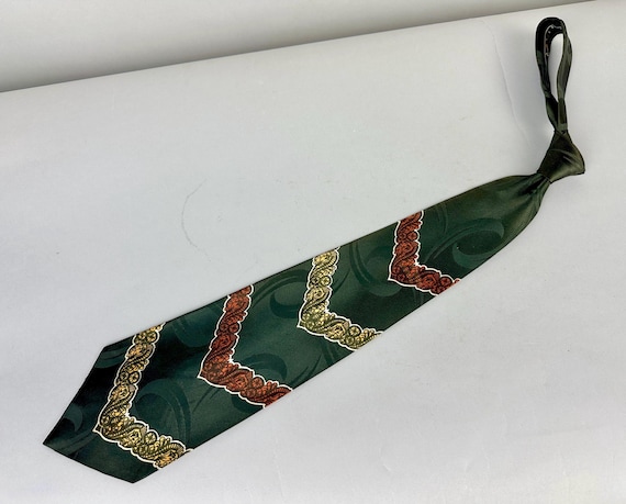 1940s Victorian Manor Necktie | Vintage 40s Pine Green Rayon Satin Self Tie Cravat with Yellow and Orange Ornate Chevron Stripes