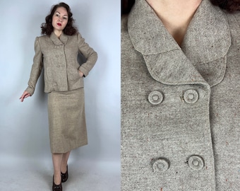 1950s Jet Set Professional Suit | Vintage 50s Tweedy Beige Wool Two Piece Double Breasted Jacket Blazer and Pencil Skirt w/Pockets | Small