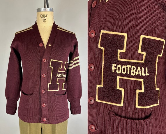 1930s Hooray for Football Sweater | Vintage 30s Maroon Wool Knit Collegiate Letterman Cardigan with White Varsity Stripes and Patch | Medium