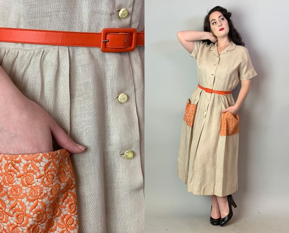 1940s Darling Doris Day Dress | Vintage 40s Oatmeal Linen Shirtwaist Frock w/Orange Lace Pockets & Belt by “L’Aiglon” Volup | XL Extra Large
