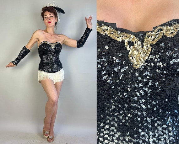 1950s Gypsy's Gotta Gimmick Set | Vintage 50s Black and Silver Sequin Showgirl Burlesque Costume w/White Fringe Feather Hat & Gloves | Small