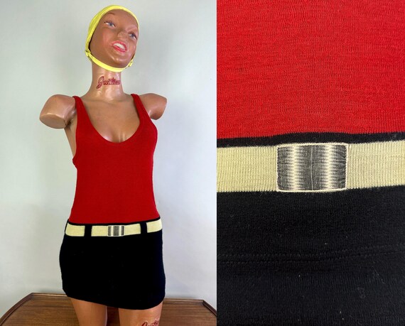 1920s Web Footed Wonder Swimsuit | Vintage 20s Red & Black Wool Knit One Piece Kidney Cutout Bathing Suit with Faux Belt | XS Small Medium