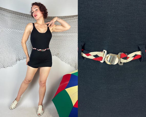 1920s Rope on the Boat Swimsuit | Vintage 20s Black Wool Knit Bathing Suit w/Red and White Braided Belt w/Silver Buckle | Small Medium Large
