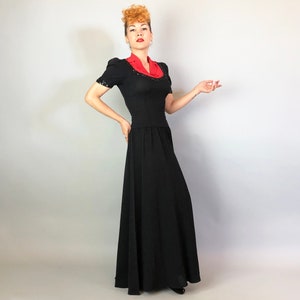 1940s Color Block Cutie Gown Vintage 40s Two Tone Tomato Red and Black Evening Dress with Notched Lapels and Sequin Trim Small image 2