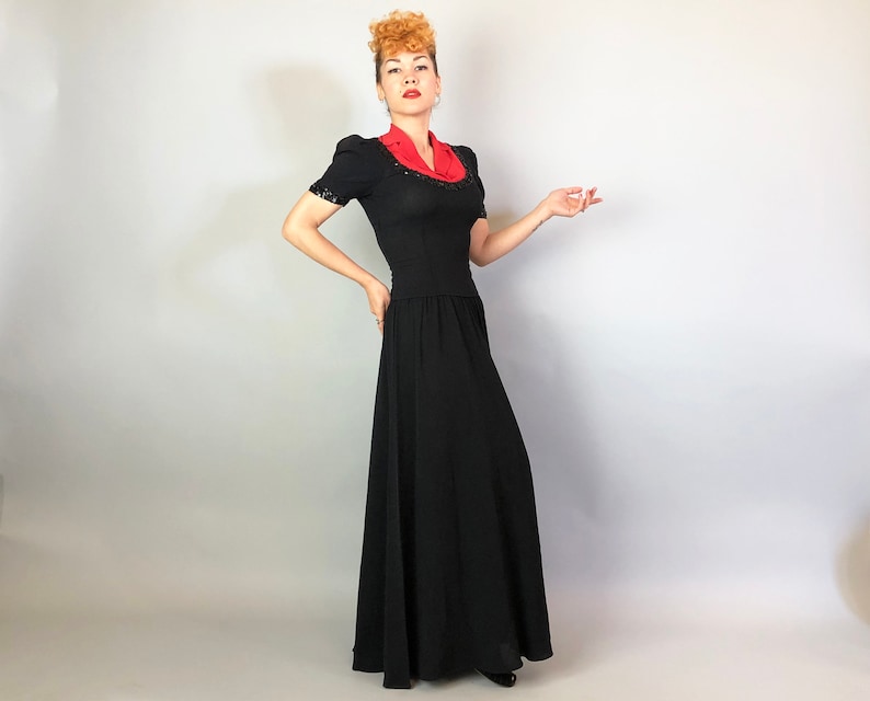 1940s Color Block Cutie Gown Vintage 40s Two Tone Tomato Red and Black Evening Dress with Notched Lapels and Sequin Trim Small image 2