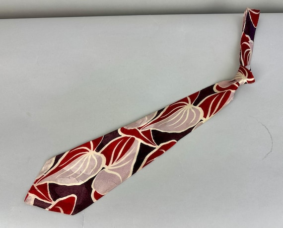 1940s Tied to the Tropics Necktie | Vintage 40s Red Purple Icy Lilac and White Tropical Heart Leaf Pattern Silk Self Tie Cravat by "Arrow"