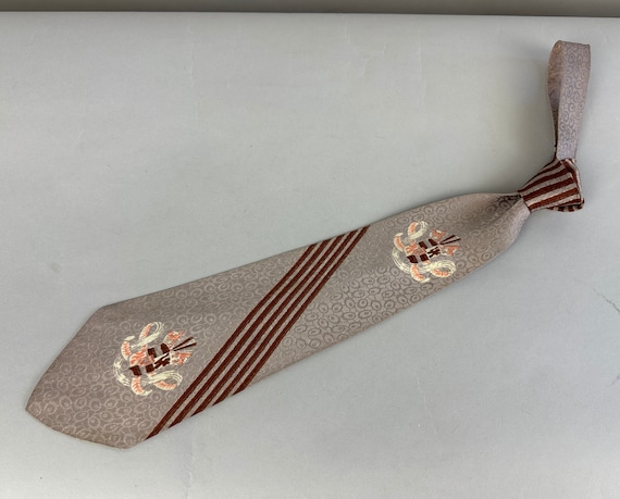 1940s Aristocratic Artie Necktie | Vintage 40s Icy Taupe Brown Stripe Rayon Self Tie Cravat with Pink and White Crest Emblems