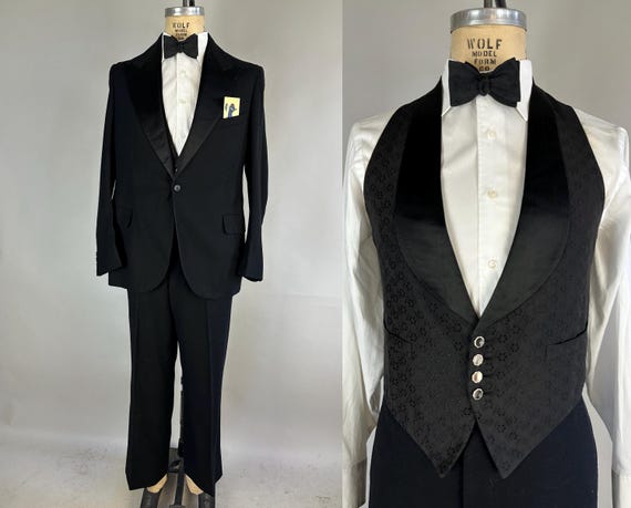 1920s Formal Frank Tuxedo | Vintage 20s Three Piece Black Wool & Silk Tux Evening Suit w/Peak Lapel Jacket Trousers + Vest | Size 40 Medium