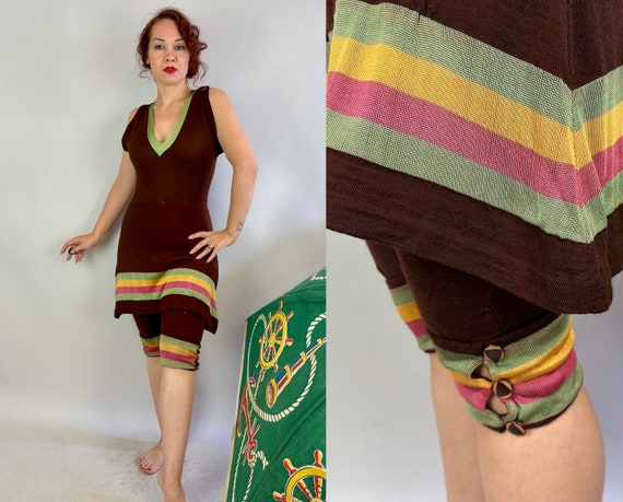 1910s "Neptune's Daughter" Bathing Suit | Vintage Antique Teens Brown Wool Knit Swimsuit Rayon Stripes of Mint Yellow & Pink | Small Medium