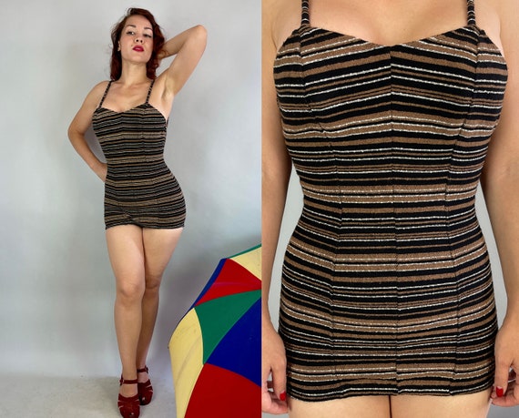 1950s Sally's Sassy Striped Swimsuit | Vintage 50s Black Brown and White Slubby Wool One Piece "Jantzen" Bathing Suit | Small/Extra Small XS
