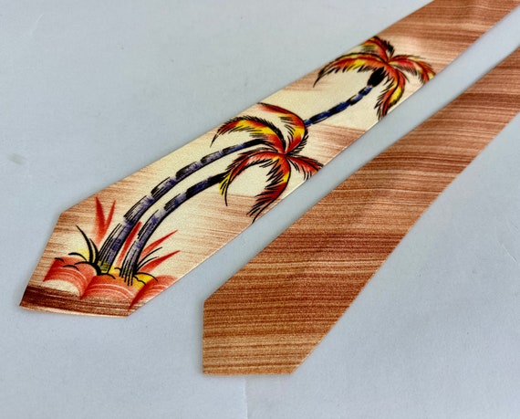 1950s Tequila Sunrise Necktie | Vintage 50s Red Yellow and Pink Acetate Self Tie Cravat with Palm Trees