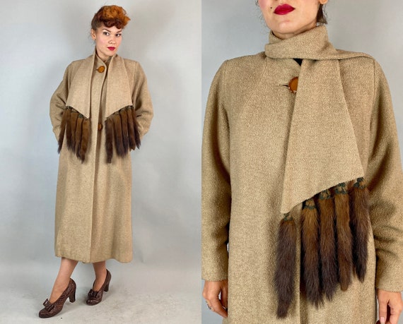 1930s Touch of Mink Coat | Vintage 30s Beige Boucle Wool Swing Overcoat Jacket with Detachable Scarf w/Fur Accents & Caramel Buttons | Large