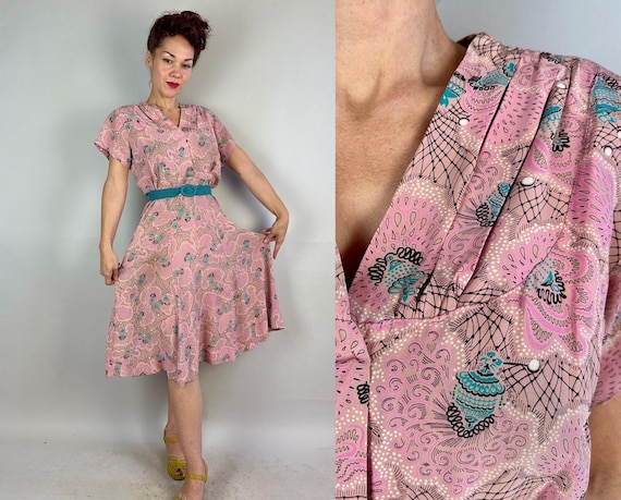 1940s The Peacock's Trap Dress | Vintage 40s Pink Blue Black and White Rayon Frock with Nets Lanterns and Feather Fronds | Extra Large XL