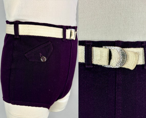 1930s "Swimaway" Swimsuit | Vintage 30s Woven "Lastex" Dark Purple Two-Tone Bathing Suit Trunks Swimwear with White Belt | Small Medium