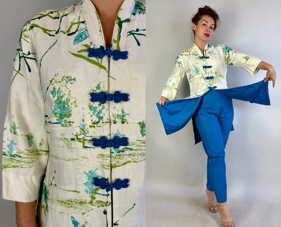 1960s Honolulu Hostess Set | Vintage 60s Two Piece White and Blue Cotton Tiki Cigarette Pants and Frog Toggle Tea Timer Top Jacket | Medium