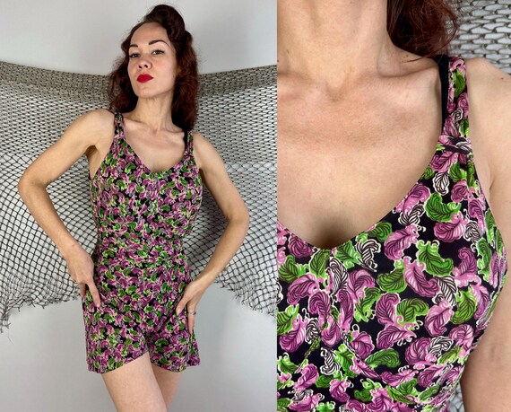 1940s Flyaway Feathers Swimsuit | Vintage 40s One Piece Green Magenta Black Volup Romper Swimwear Playsuit "Catalina" | Large Extra Large XL