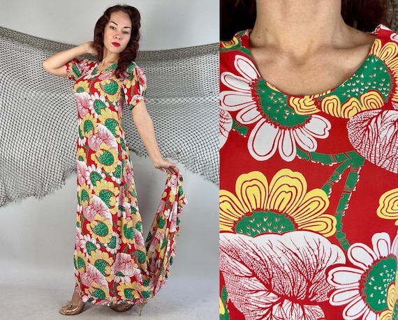 1940s Happening in Hawaii Holoku Gown | Vintage 40s Red Rayon Green Yellow White Flower and Leaf Print Dress with Train | Medium Large