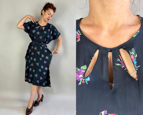 1940s Buxom Bouquets Dress | Vintage 40s Blue Rayon Pink Blue Purple & Green Floral Print Frock w/Cutouts and Lace Peplum | Extra Large XL