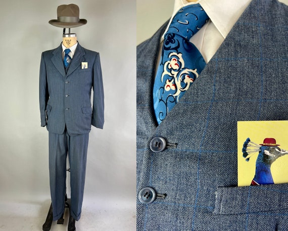 1950s Storm Cloud Suit | Vintage Early 50s Steel Blue Windowpane Pinstripe Plaid 3-Piece Wool Jacket Vest Trousers | Size 36/38 Small/Medium