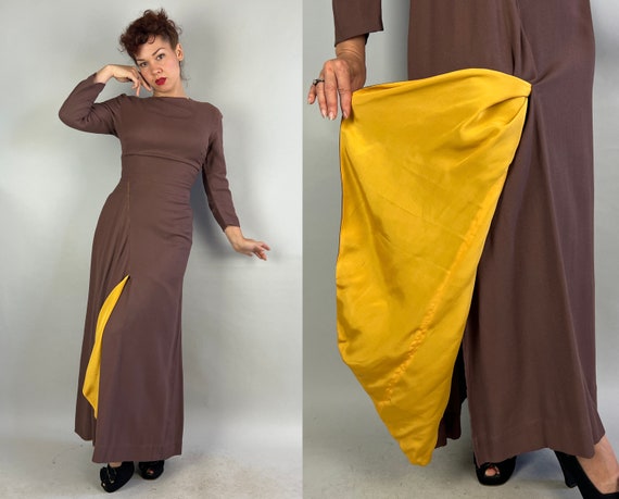 1940s Ray of Sunshine Gown | Vintage 40s Taupe Brown Wool Crepe Floor Length Color Block Dress with Yellow Silk Lined Skirt Cascade | Small