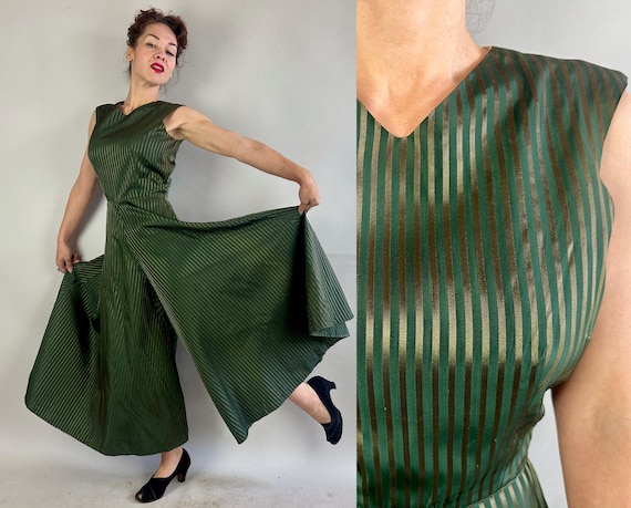 1940s Jumping Gin Joint Jumpsuit | Vintage 40s Forest Green and Gold Stripe Rayon Taffeta Evening Culottes Faux Gown Dress | Small
