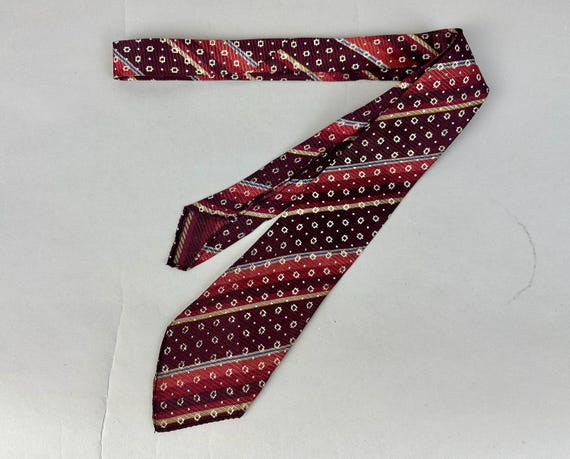 1930s Spots and Stripes Necktie | Vintage 30s Pink Purple Yellow and Blue Diagonal Striped Silk Self Tie Cravat with White Squares and Dots
