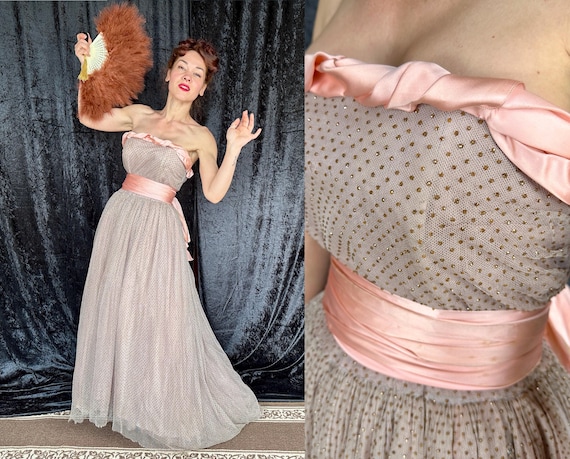1950s Blushing Beauty Party Dress | Vintage 50s Dusty Pink Studded Tulle Strapless Gown with Baby Pink Satin Sash & Bow | Small