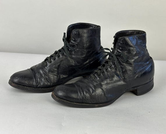 1900s Classically Chic Lace Up Boots | Vintage Antique Edwardian Black Leather High Top Ankle Shoes with Cap Toe | Size 8 US