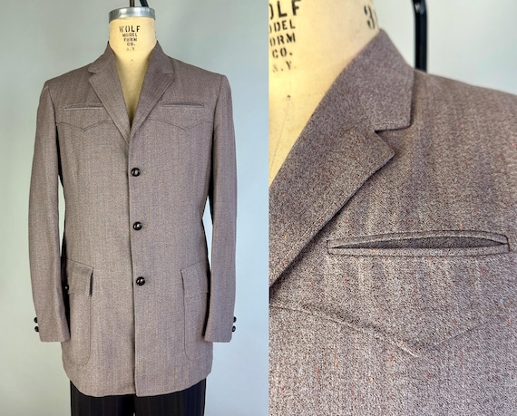 1950s Flashy Flecks Gone West Jacket | Vintage 50s Heathered Taupe Blue & Orange Flecked Wool Western Sport Coat Blazer | Size 42 Large