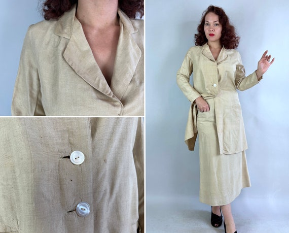 1910s Summer Saunter Walking Suit | Vintage Antique Edwardian Teens Cream White Silk Two Button Jacket Blazer & Skirt Set w/ Pockets | Small
