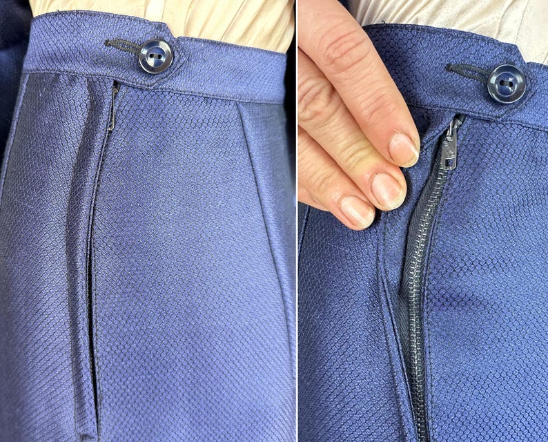 Conjunto "Lilli Ann" dos anos 50: Brilho Safira | Jaqueta e saia vintage dos anos 50 em seda e lã com estampa de escamas azuis e detalhes em marfim | Tamanho Extra Pequeno (XS) imagem 11