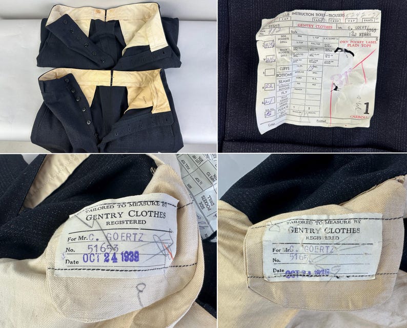 May include: Two pairs of dark navy trousers with cream-colored interior waistbands and button fly closures. Each pair features a white label reading Tailored to Measure by Gentry Clothes for Mr. C. Goertz, dated Oct 24 1939, and a detailed instruction sheet.