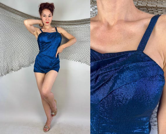 1950s Blue Lagoon Lurex Swimsuit | Vintage 50s Sapphire Sparkle & Black Pleated Ruched Shapely One Piece Bathing Suit | Small Medium Large