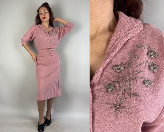 1950s Pretty in Pink Knit Set | Vintage 50s Three Piece Boucle Wool Knitwear Cardigan Belt and Skirt with Floral Beadwork | Medium Large XL