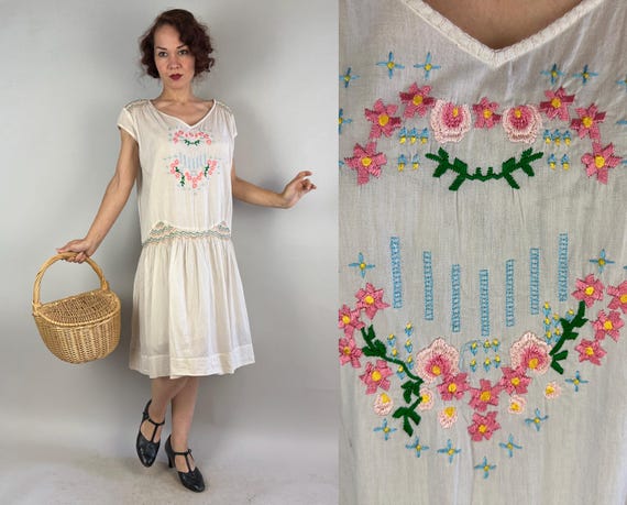 1920s Pleasantly Pastoral Peasant Frock | Vintage 20s White Cotton Embroidered Dress w/Orange Blue Pink Green Flowers | Extra Large XL