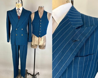 1940s Zeal for Teal Suit | Vintage 40s Three-Piece Deep Teal Blue Wool Peak Lapel Set Pants Vest Jacket with White Stripes | Size 36 Small