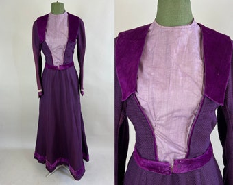 1800s Regal Rosalind Dress Ensemble | Antique Victorian Two Piece Purple Textured Diamond Weave Cotton Gown Skirt & Bodice | Extra Small XS