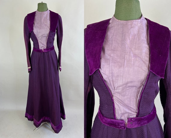 1800s Regal Rosalind Dress Ensemble | Antique Victorian Two Piece Purple Textured Diamond Weave Cotton Gown Skirt & Bodice | Extra Small XS